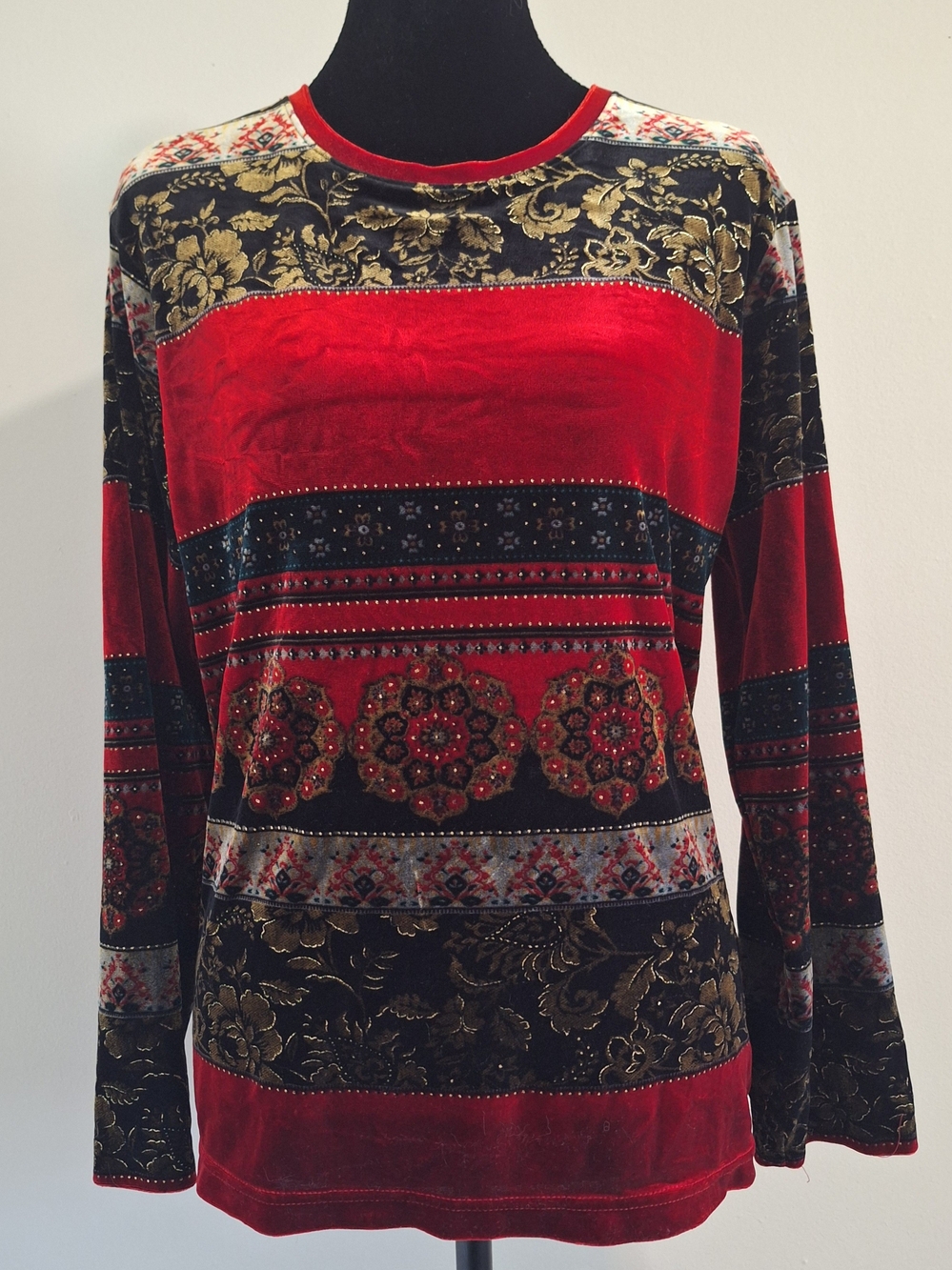 White Stag Red, Black, Gold Velvet Long-Sleeve Multi-Patterned Top